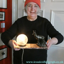 Load image into Gallery viewer, Original 1930s ART DECO Lamp. Roe Deer with Crackle Glass Shade &amp; Black Marble
