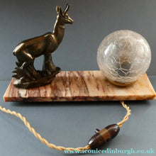 Load image into Gallery viewer, Original 1930s ART DECO Lamp. Roe Deer with Crackle Glass Shade &amp; Black Marble
