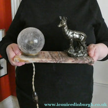 Load image into Gallery viewer, Original 1930s ART DECO Lamp. Roe Deer with Crackle Glass Shade &amp; Black Marble
