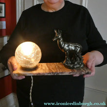 Load image into Gallery viewer, Original 1930s ART DECO Lamp. Roe Deer with Crackle Glass Shade &amp; Black Marble

