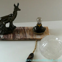 Load image into Gallery viewer, Original 1930s ART DECO Lamp. Roe Deer with Crackle Glass Shade &amp; Black Marble
