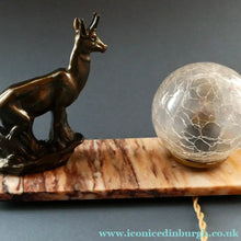 Load image into Gallery viewer, Original 1930s ART DECO Lamp. Roe Deer with Crackle Glass Shade &amp; Black Marble
