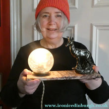 Load image into Gallery viewer, Original 1930s ART DECO Lamp. Roe Deer with Crackle Glass Shade &amp; Black Marble
