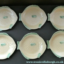 Load image into Gallery viewer, SIX 1930s Yellow Shorter &amp; Sons Fish Plates (9 1/2 inches) and Massive Serving Platter 14 1/2 inches
