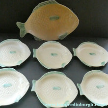 Load image into Gallery viewer, SIX 1930s Yellow Shorter &amp; Sons Fish Plates (9 1/2 inches) and Massive Serving Platter 14 1/2 inches
