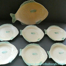 Load image into Gallery viewer, SIX 1930s Yellow Shorter &amp; Sons Fish Plates (9 1/2 inches) and Massive Serving Platter 14 1/2 inches
