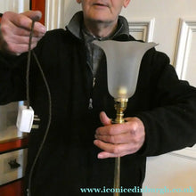 Load image into Gallery viewer, Antique Arts and Crafts Brass Lamp and Opaque White Glass Shade. DRYAD of Leicester Style
