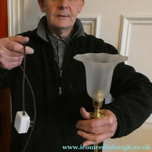 Load image into Gallery viewer, Antique Arts and Crafts Brass Lamp and Opaque White Glass Shade. DRYAD of Leicester Style
