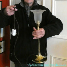 Load image into Gallery viewer, Antique Arts and Crafts Brass Lamp and Opaque White Glass Shade. DRYAD of Leicester Style
