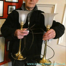 Load image into Gallery viewer, Antique Arts and Crafts Brass Lamp and Opaque White Glass Shade. DRYAD of Leicester Style
