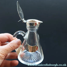 Load image into Gallery viewer, B/ ANTIQUE WHISKY NOGGIN. Hallmarked 1907 Hukin and Heath Silver Mounts; with Cute Miniature Silver Whisky Label
