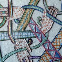 Load image into Gallery viewer, LARGE George Bain Style Celtic Revival Framed Embroidered Panel in Fine Period Frame. Design taken from the Book of Kells
