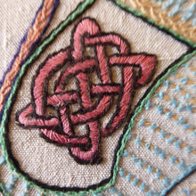 Load image into Gallery viewer, LARGE George Bain Style Celtic Revival Framed Embroidered Panel in Fine Period Frame. Design taken from the Book of Kells
