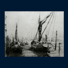 Load image into Gallery viewer, 1920s Original Pencil Signed Limited Edition Etching "Thames Barges" by Aileen Mary Elliott
