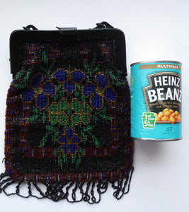 ART DECO Glass Beaded Bag with Unusual Black Clasp and Handle. LARGE Fabulous Vintage Evening Bag