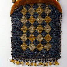 Load image into Gallery viewer, ART DECO Glass Beaded Bag with Celluloid Curved Clasp and Coffee Bean Details. Fabulous Vintage 1930s Evening Bag
