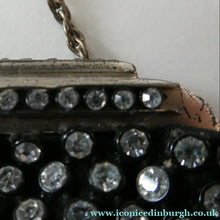 Load image into Gallery viewer, Beautiful Vintage 1950s Black Satin Evening Bag Covered with a Mesh of Crystal Diamante or Rhinestones
