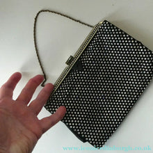 Load image into Gallery viewer, Beautiful Vintage 1950s Black Satin Evening Bag Covered with a Mesh of Crystal Diamante or Rhinestones
