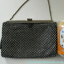Load image into Gallery viewer, Beautiful Vintage 1950s Black Satin Evening Bag Covered with a Mesh of Crystal Diamante or Rhinestones

