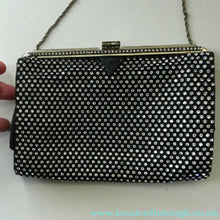 Load image into Gallery viewer, Beautiful Vintage 1950s Black Satin Evening Bag Covered with a Mesh of Crystal Diamante or Rhinestones
