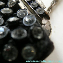 Load image into Gallery viewer, Beautiful Vintage 1950s Black Satin Evening Bag Covered with a Mesh of Crystal Diamante or Rhinestones
