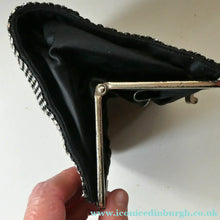 Load image into Gallery viewer, Beautiful Vintage 1950s Black Satin Evening Bag Covered with a Mesh of Crystal Diamante or Rhinestones
