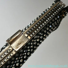 Load image into Gallery viewer, Beautiful Vintage 1950s Black Satin Evening Bag Covered with a Mesh of Crystal Diamante or Rhinestones
