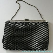 Load image into Gallery viewer, Beautiful Vintage 1950s Black Satin Evening Bag Covered with a Mesh of Crystal Diamante or Rhinestones
