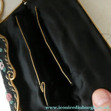 Load image into Gallery viewer, Vintage 1950s Black Satin Evening Bag Covered with a Mesh of Diamante or Crystal Rhinestones. Beaded Clasp
