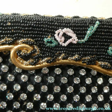 Load image into Gallery viewer, Vintage 1950s Black Satin Evening Bag Covered with a Mesh of Diamante or Crystal Rhinestones. Beaded Clasp
