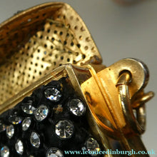 Load image into Gallery viewer, Vintage 1950s Black Satin Evening Bag Covered with a Mesh of Diamante or Crystal Rhinestones. Beaded Clasp
