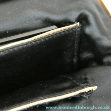 Load image into Gallery viewer, Vintage 1950s Black Satin Evening Bag Covered with a Mesh of Diamante or Crystal Rhinestones. Beaded Clasp
