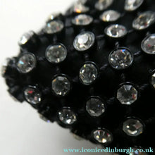 Load image into Gallery viewer, Vintage 1950s Black Satin Evening Bag Covered with a Mesh of Diamante or Crystal Rhinestones. Beaded Clasp
