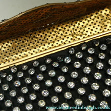 Load image into Gallery viewer, Vintage 1950s Black Satin Evening Bag Covered with a Mesh of Diamante or Crystal Rhinestones. Beaded Clasp
