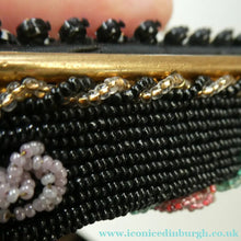 Load image into Gallery viewer, Vintage 1950s Black Satin Evening Bag Covered with a Mesh of Diamante or Crystal Rhinestones. Beaded Clasp
