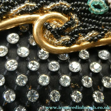 Load image into Gallery viewer, Vintage 1950s Black Satin Evening Bag Covered with a Mesh of Diamante or Crystal Rhinestones. Beaded Clasp
