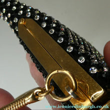 Load image into Gallery viewer, Vintage 1950s Black Satin Evening Bag Covered with a Mesh of Diamante or Crystal Rhinestones. Beaded Clasp

