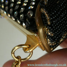 Load image into Gallery viewer, Vintage 1950s Black Satin Evening Bag Covered with a Mesh of Diamante or Crystal Rhinestones. Beaded Clasp
