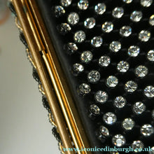 Load image into Gallery viewer, Vintage 1950s Black Satin Evening Bag Covered with a Mesh of Diamante or Crystal Rhinestones. Beaded Clasp
