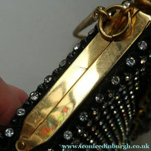 Load image into Gallery viewer, Vintage 1950s Black Satin Evening Bag Covered with a Mesh of Diamante or Crystal Rhinestones. Beaded Clasp
