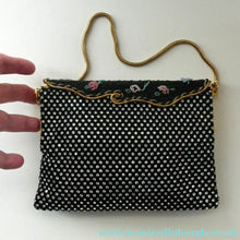 Load image into Gallery viewer, Vintage 1950s Black Satin Evening Bag Covered with a Mesh of Diamante or Crystal Rhinestones. Beaded Clasp
