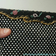 Load image into Gallery viewer, Vintage 1950s Black Satin Evening Bag Covered with a Mesh of Diamante or Crystal Rhinestones. Beaded Clasp

