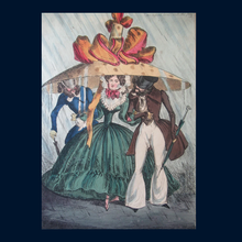 Load image into Gallery viewer, FRAMED. William Heath ORIGINAL 1820s Georgian Satirical Print Lampooning the Fashion for Large Hats: A Snug Birth in a Shower
