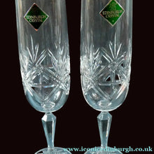 Load image into Gallery viewer, BOXED. Vintage Edinburgh Crystal PAIR of Tall CHAMPAGNE Flute Glasses. Rarer NESS Pattern.   8 1/4 inches
