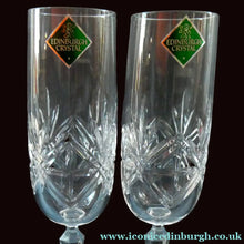 Load image into Gallery viewer, BOXED. Vintage Edinburgh Crystal PAIR of Tall CHAMPAGNE Flute Glasses. Rarer NESS Pattern.   8 1/4 inches
