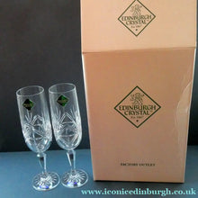 Load image into Gallery viewer, BOXED. Vintage Edinburgh Crystal PAIR of Tall CHAMPAGNE Flute Glasses. Rarer NESS Pattern.   8 1/4 inches
