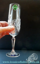Load image into Gallery viewer, BOXED. Vintage Edinburgh Crystal PAIR of Tall CHAMPAGNE Flute Glasses. Rarer NESS Pattern.   8 1/4 inches
