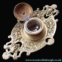 Load image into Gallery viewer, Antique Victorian Brass Inkwell with Original Glass Liner
