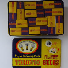 Load image into Gallery viewer, 1950s Vintage Tin Full of Original Toronto Light Bulbs for Cycle, Dynamo and Radio Panels. 6 Volt .25 amp
