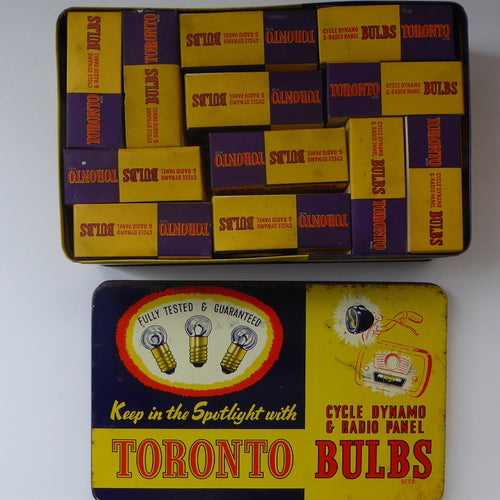 1950s Vintage Tin Full of Original Toronto Light Bulbs for Cycle, Dynamo and Radio Panels. 6 Volt .25 amp
